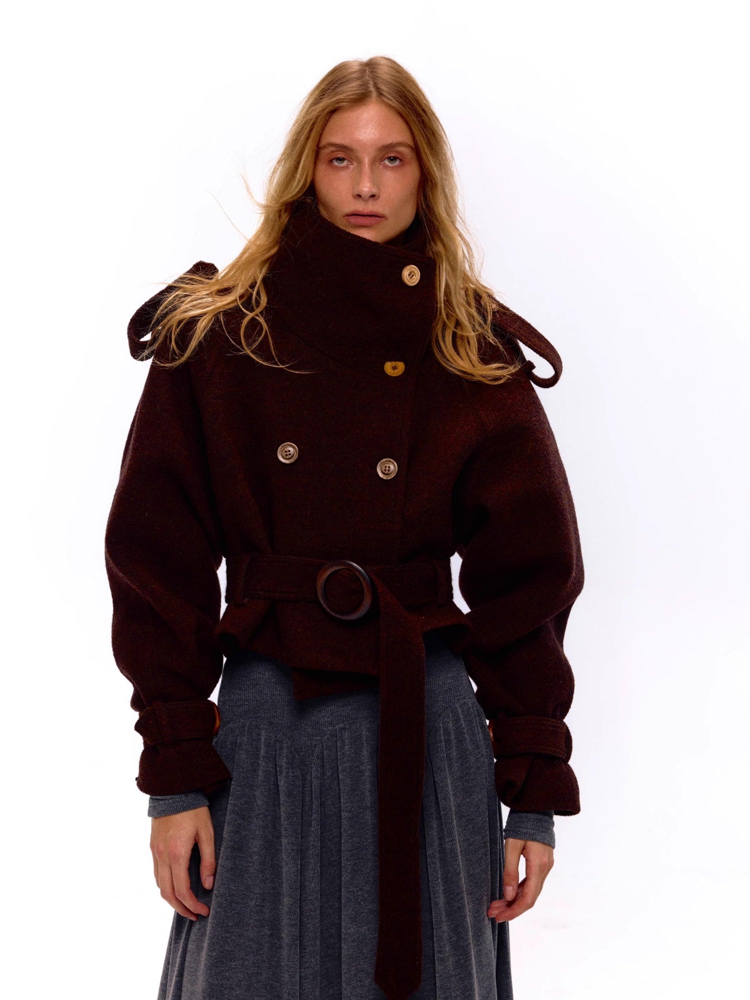 NyDkyel Wool Blend Button Front Belted Short Coat