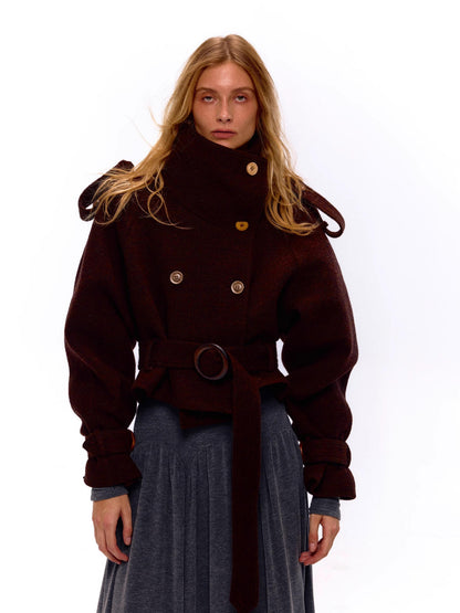 NyDkyel Wool Blend Button Front Belted Short Coat