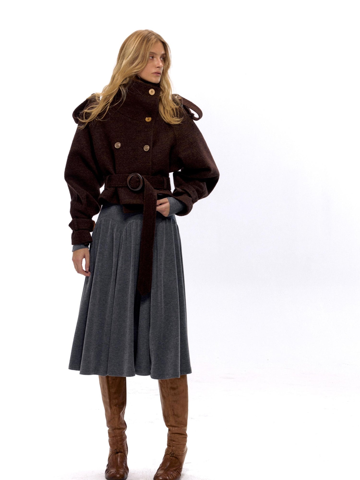 NyDkyel Wool Blend Button Front Belted Short Coat