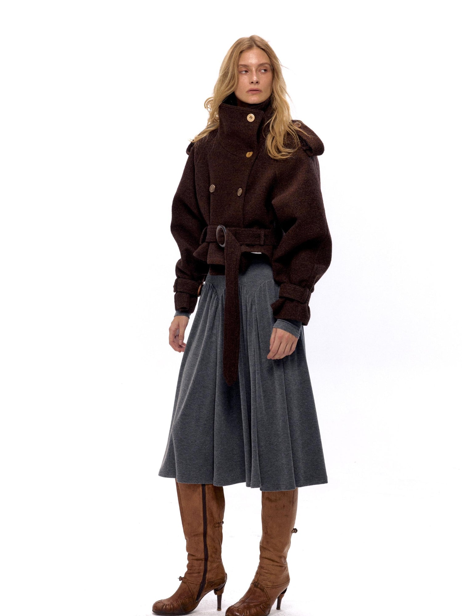 NyDkyel Wool Blend Button Front Belted Short Coat