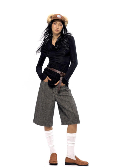 Wool Blend Herringbone Mid Length Grey Trousers