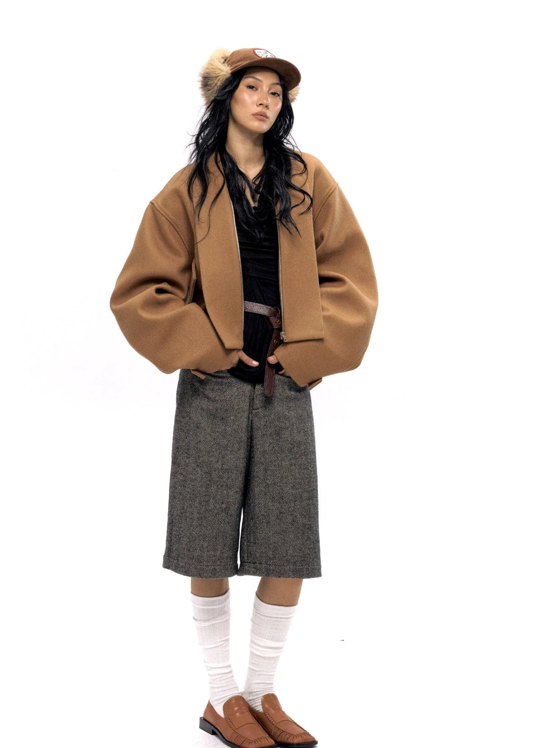 Wool Blend Herringbone Mid Length Grey Trousers