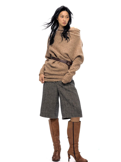 Wool Blend Herringbone Mid Length Grey Trousers