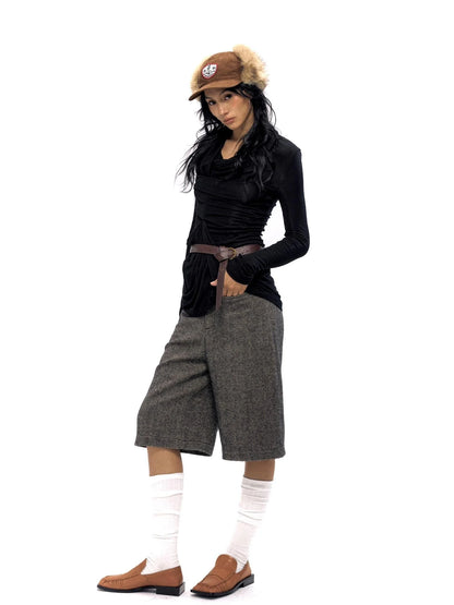 Wool Blend Herringbone Mid Length Grey Trousers