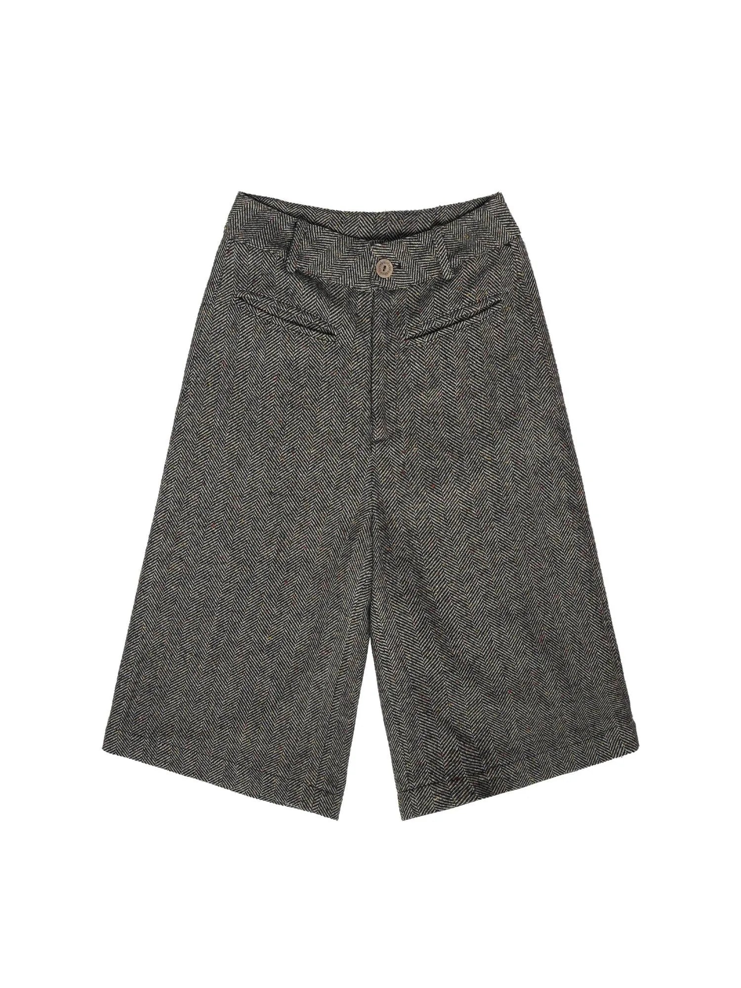 Wool Blend Herringbone Mid Length Grey Trousers