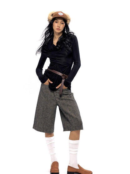 Wool Blend Herringbone Mid Length Grey Trousers