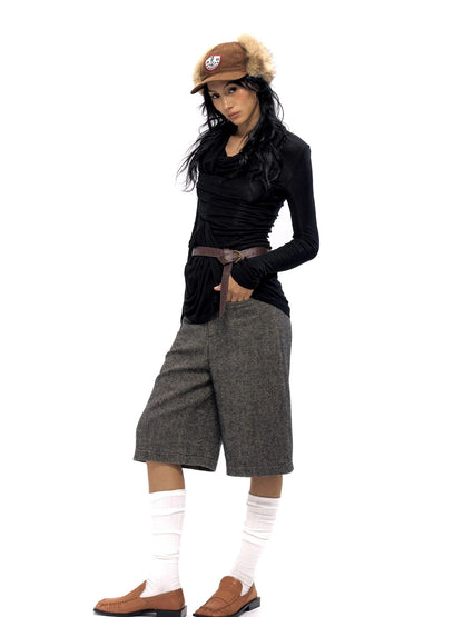 Wool Blend Herringbone Mid Length Grey Trousers