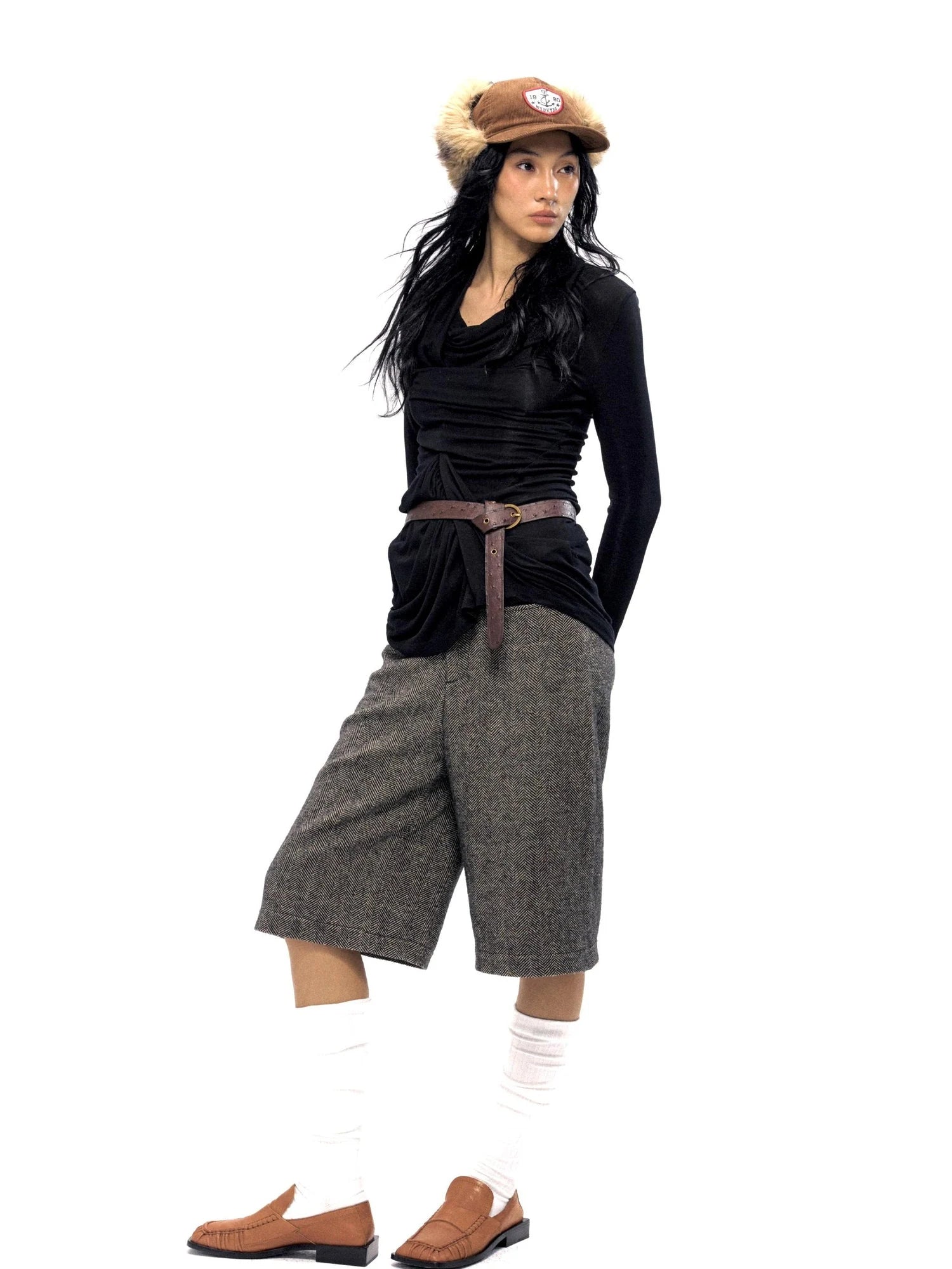 Wool Blend Herringbone Mid Length Grey Trousers