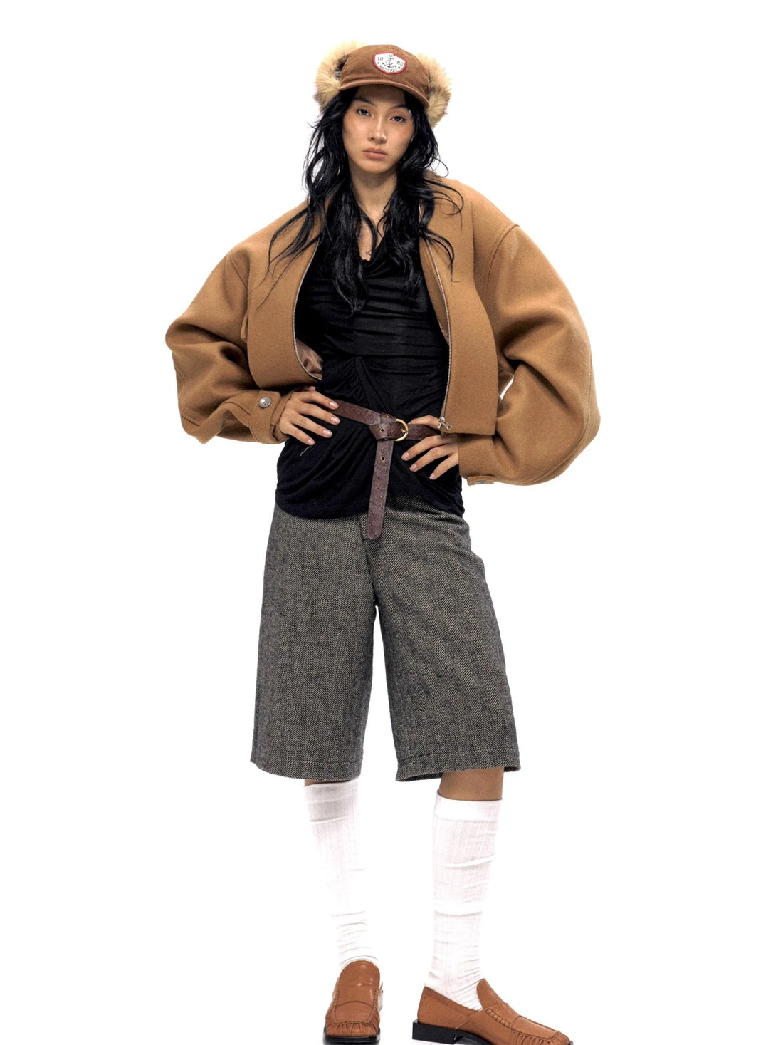 Wool Blend Herringbone Mid Length Grey Trousers