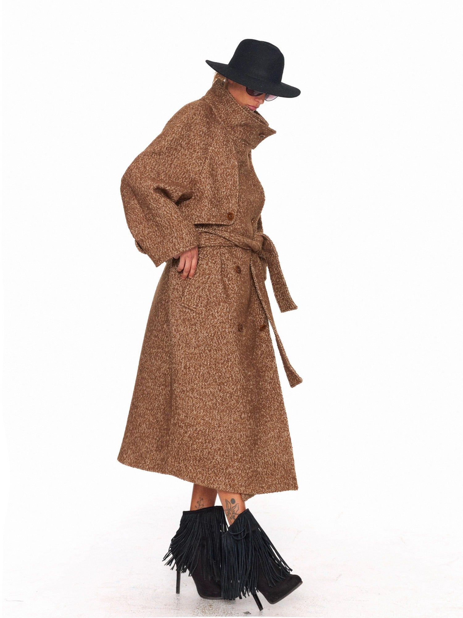 NyDkyel Wool Blend Herringbone Relaxed Fit British Unisex Double Breasted Coat