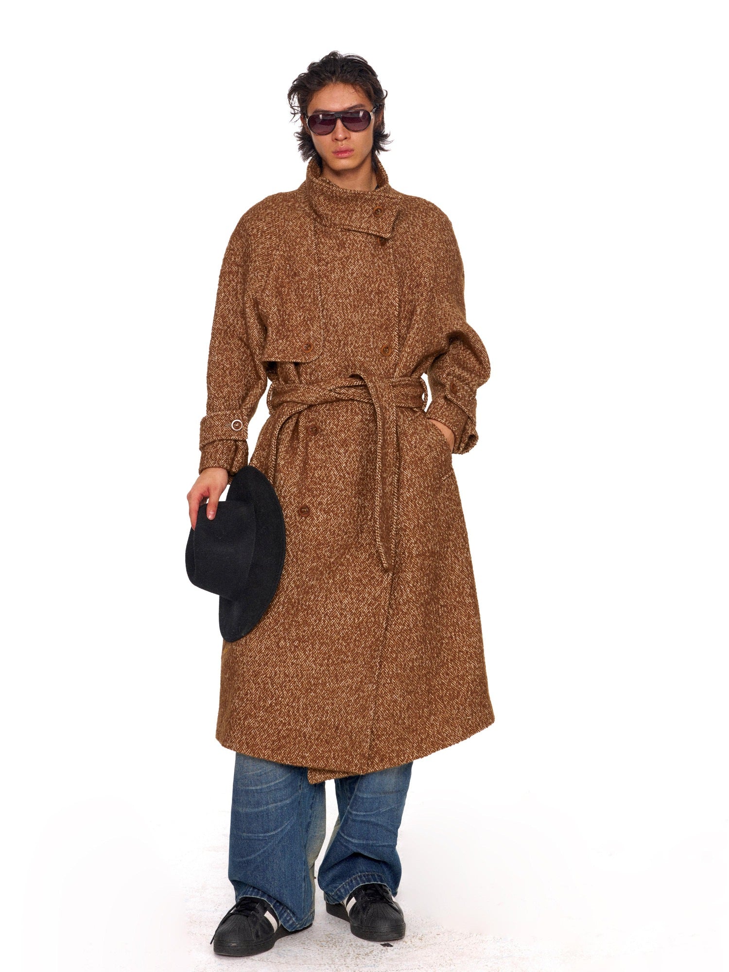 NyDkyel Wool Blend Herringbone Relaxed Fit British Unisex Double Breasted Coat