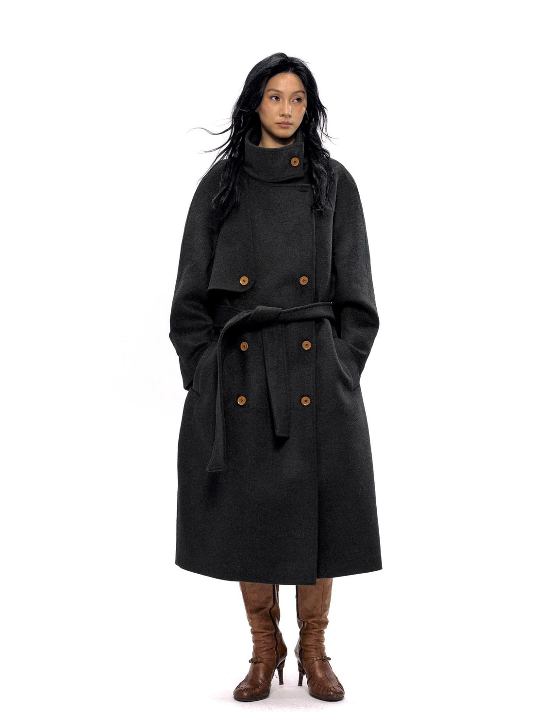 NyDkyel Wool Blend Structured Long Coat With Belt