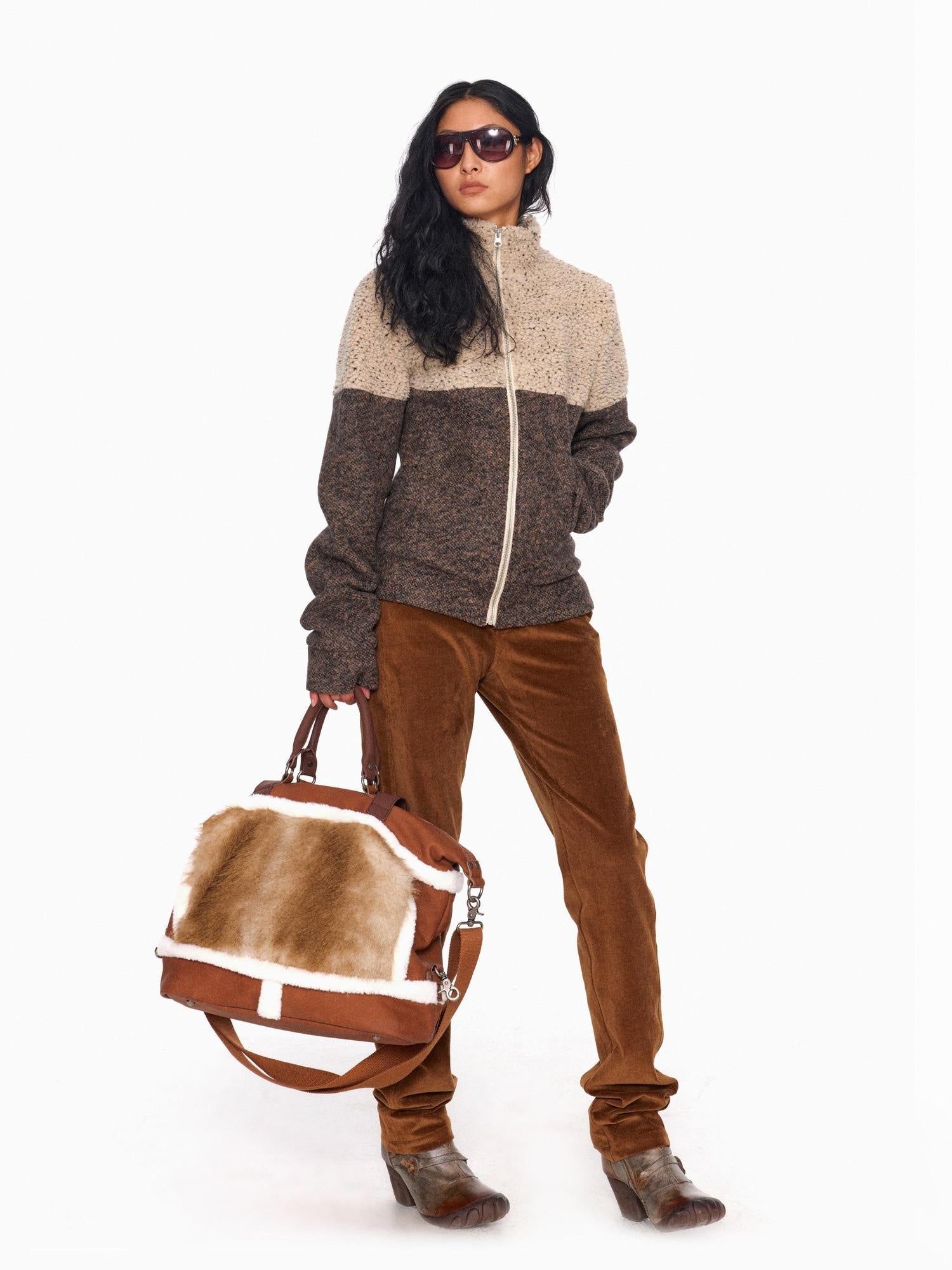NyDkyel Wool Herringbone Patchwork Oversized British Commuter Zip Half Collar Women Jacket