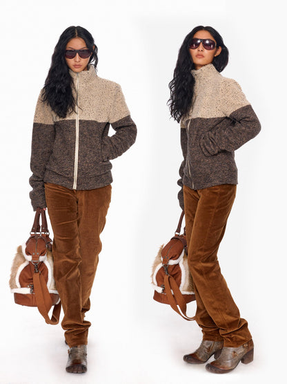 NyDkyel Wool Herringbone Patchwork Oversized British Commuter Zip Half Collar Women Jacket