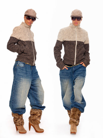 NyDkyel Wool Herringbone Patchwork Oversized British Commuter Zip Half Collar Women Jacket