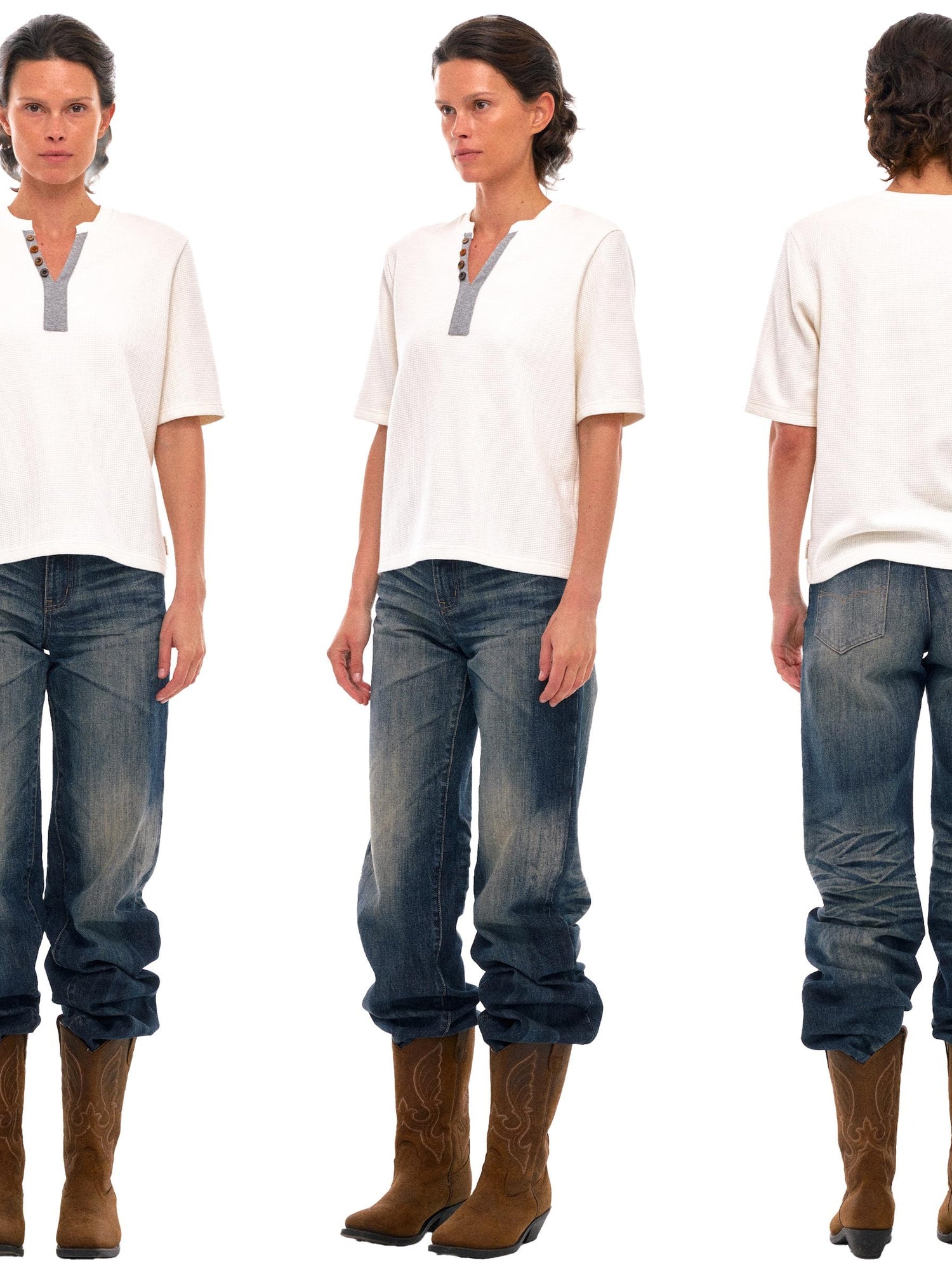 NyDkyel Y Neck Waffle Tee With Wooden Buttons