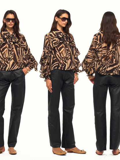 NyDkyel Zebra Print Ruffle Collar Metal Button Embellished Women&