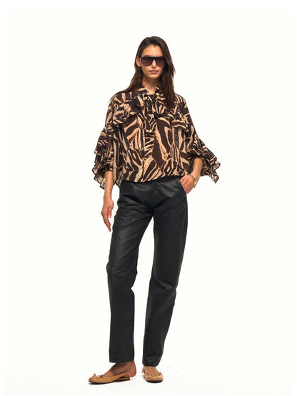 NyDkyel Zebra Print Ruffle Collar Metal Button Embellished Women&