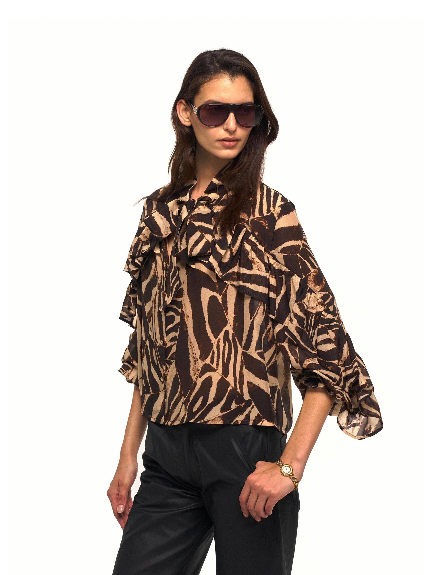 NyDkyel Zebra Print Ruffle Collar Metal Button Embellished Women&