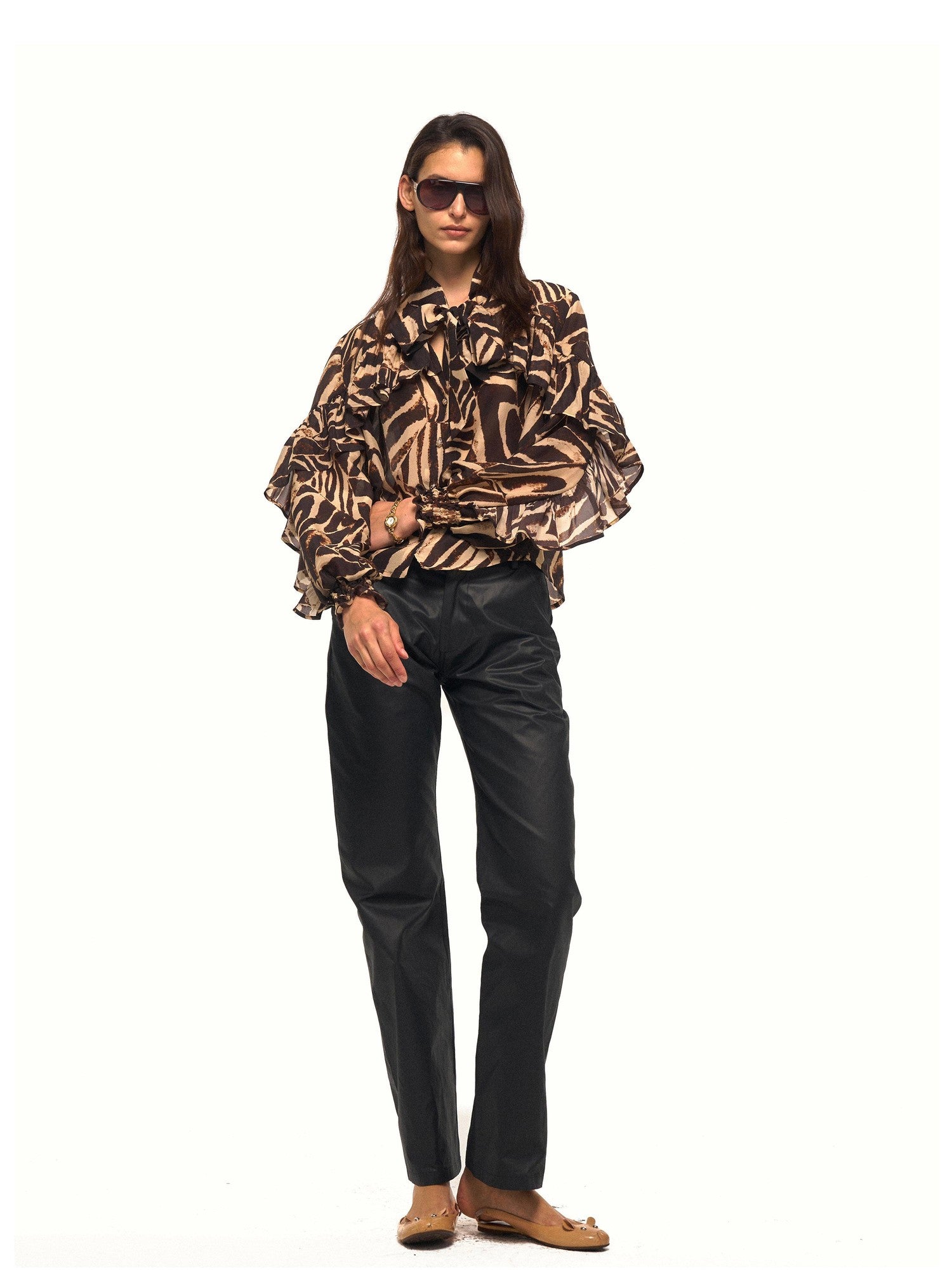 NyDkyel Zebra Print Ruffle Collar Metal Button Embellished Women&