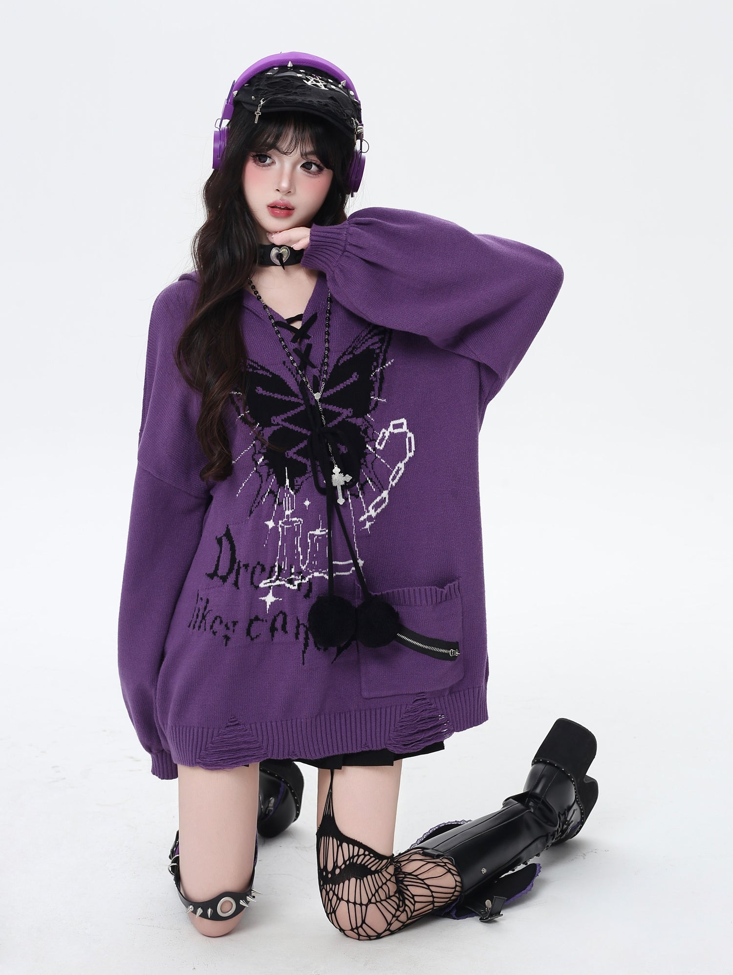 Crazy_Girl_Butterfly_Bow_V-neck_Hooded_Lantern_Sleeve_Loose_Women&