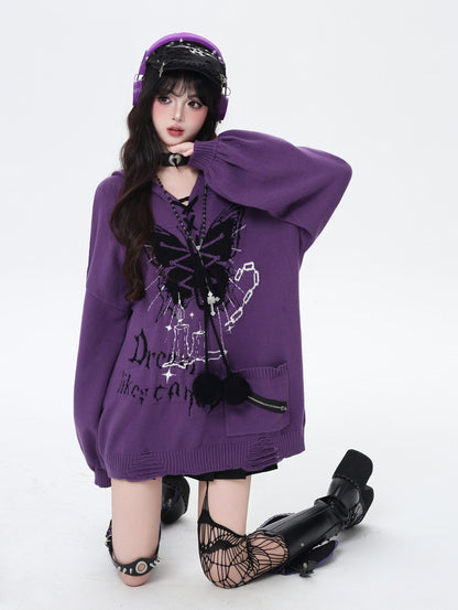 Crazy_Girl_Butterfly_Bow_V-neck_Hooded_Lantern_Sleeve_Loose_Women&