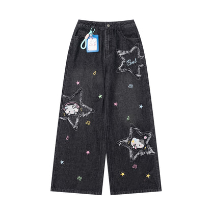 Crazy_Girl_Cute_Cartoon_Cat_Star_Machine_Embroidered_Frayed_High_Waist_Women&
