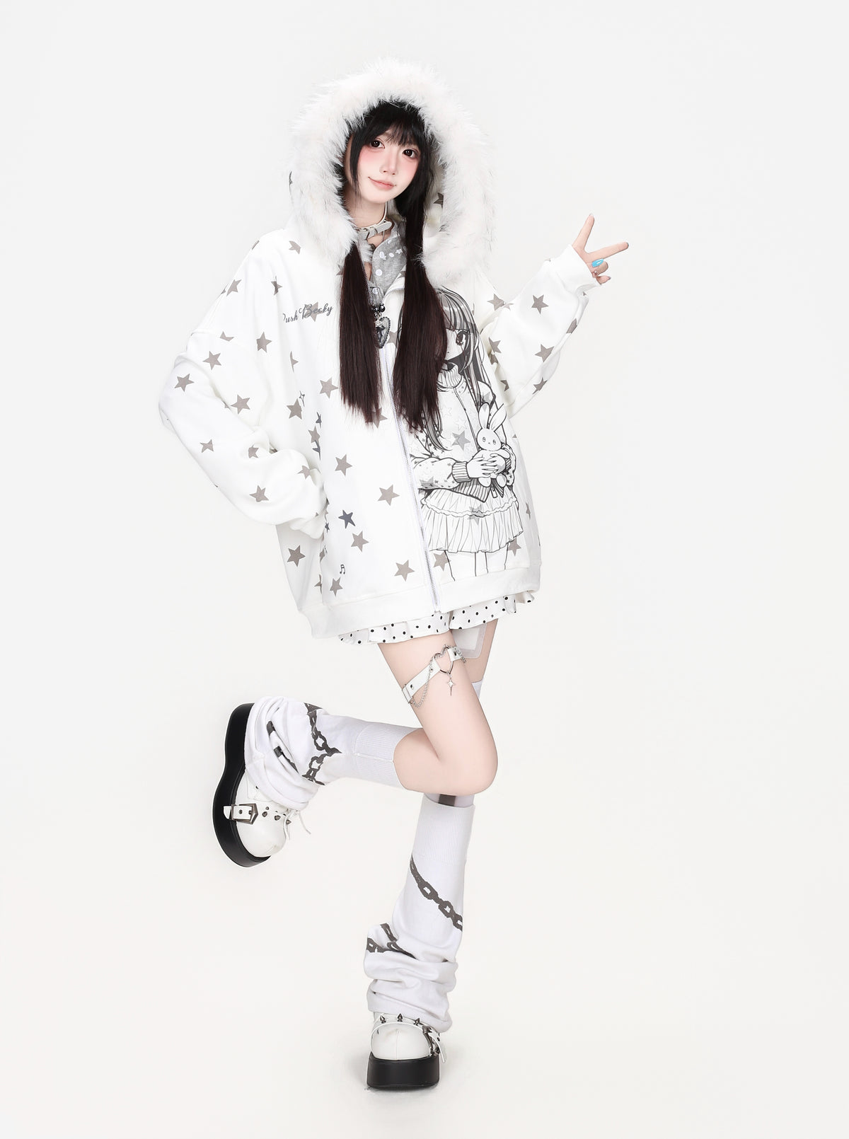 CRAZYGIRL_Star_Print_Faux_Fur_Trim_Hooded_Loose_Fit_Japanese_Women&
