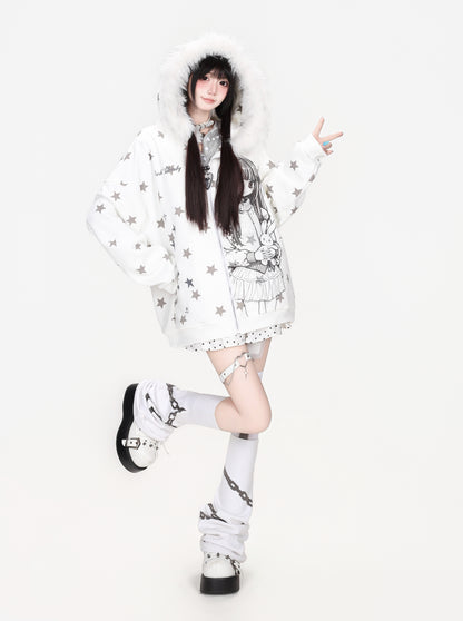 CRAZYGIRL_Star_Print_Faux_Fur_Trim_Hooded_Loose_Fit_Japanese_Women&