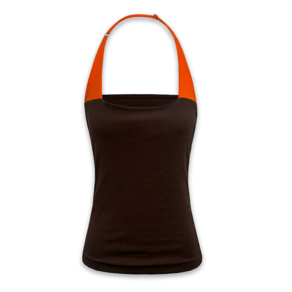 Adjustable Halter Neck Camisole With Orange Brown Color Block