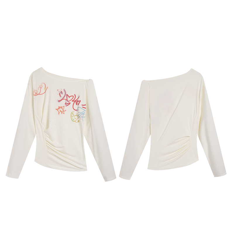 Off Shoulder Graffiti Print Slim Fit Top