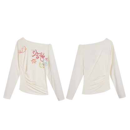 Off Shoulder Graffiti Print Slim Fit Top