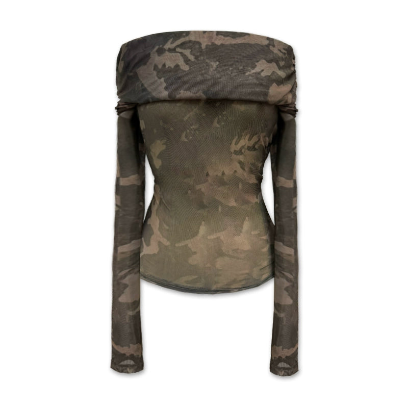 Camouflage Mesh Off Shoulder Top