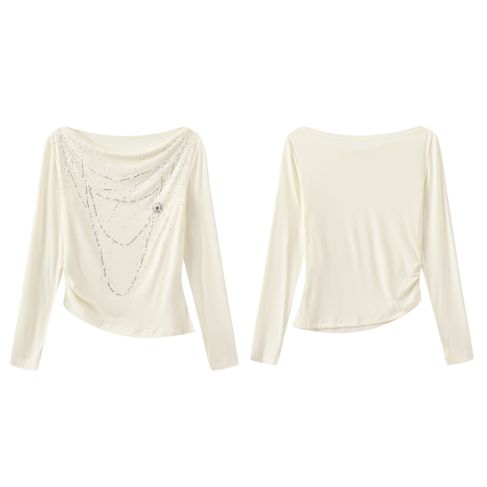 Pearl Trimmed Draped Neck Wool Top