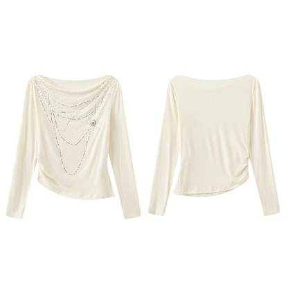 Pearl Trimmed Draped Neck Wool Top