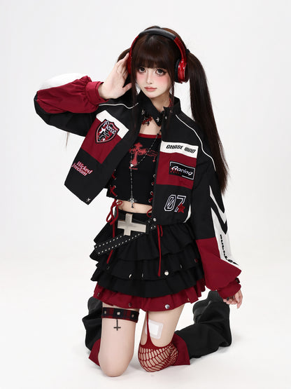 CRAZYGIRL_Embroidered_Striped_Color_Block_Stand_Collar_Women&