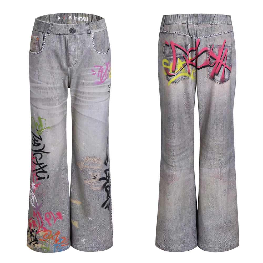 Vintage Graffiti Print Flared Sweatpants