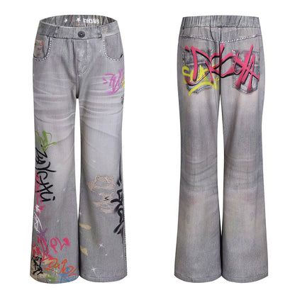 Vintage Graffiti Print Flared Sweatpants