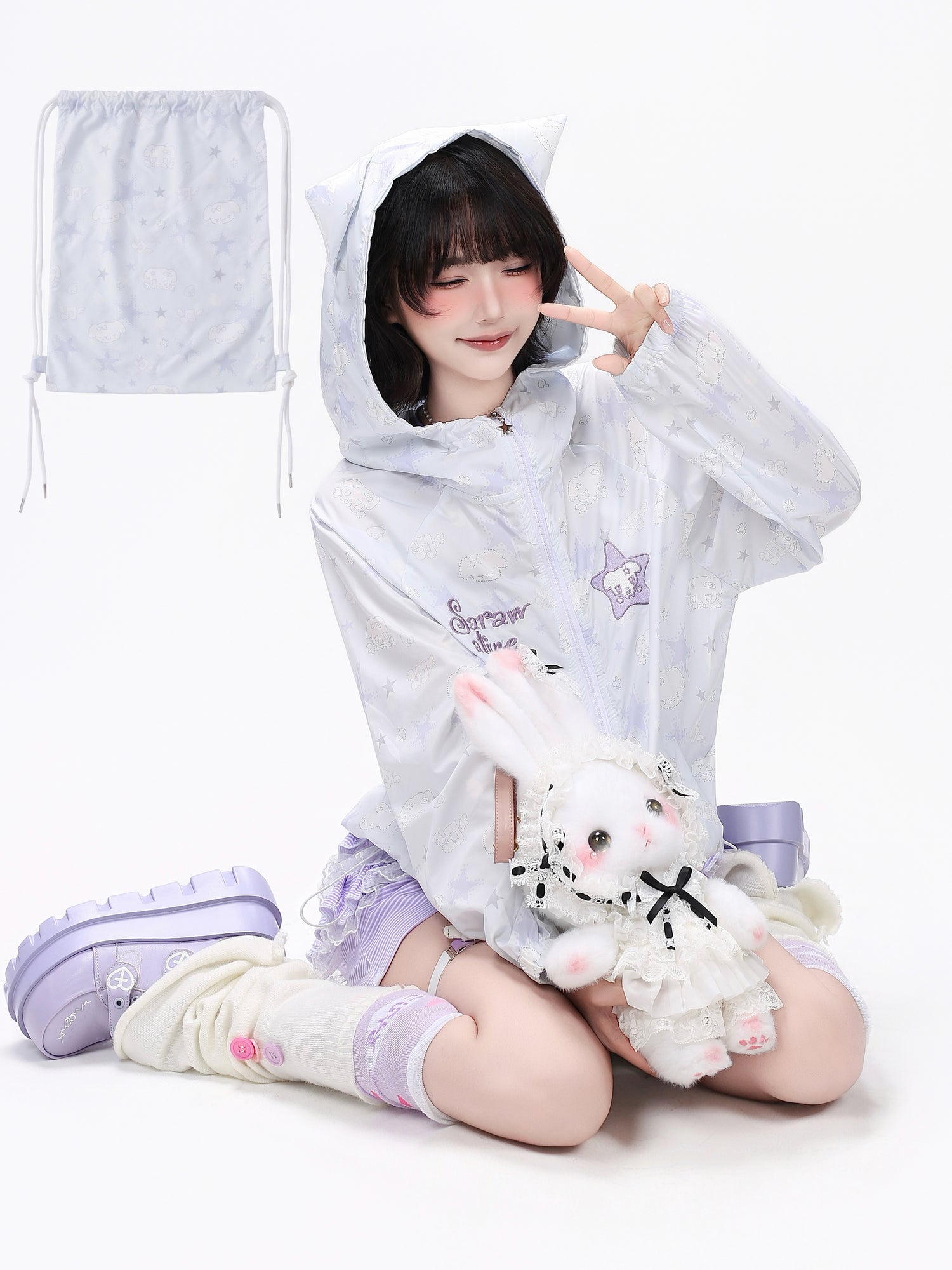 Crazy_Girl_Star_Print_Hooded_Upf50_Loose_Zip_Women&