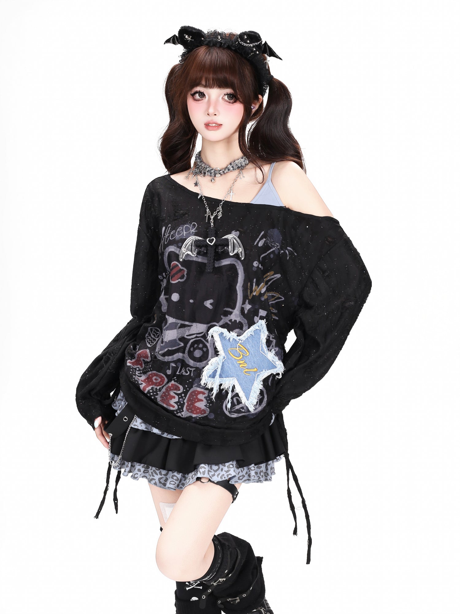 Crazy_Girl_Graffiti_Distressed_Drawstring_Waist_Off_Shoulder_Women&