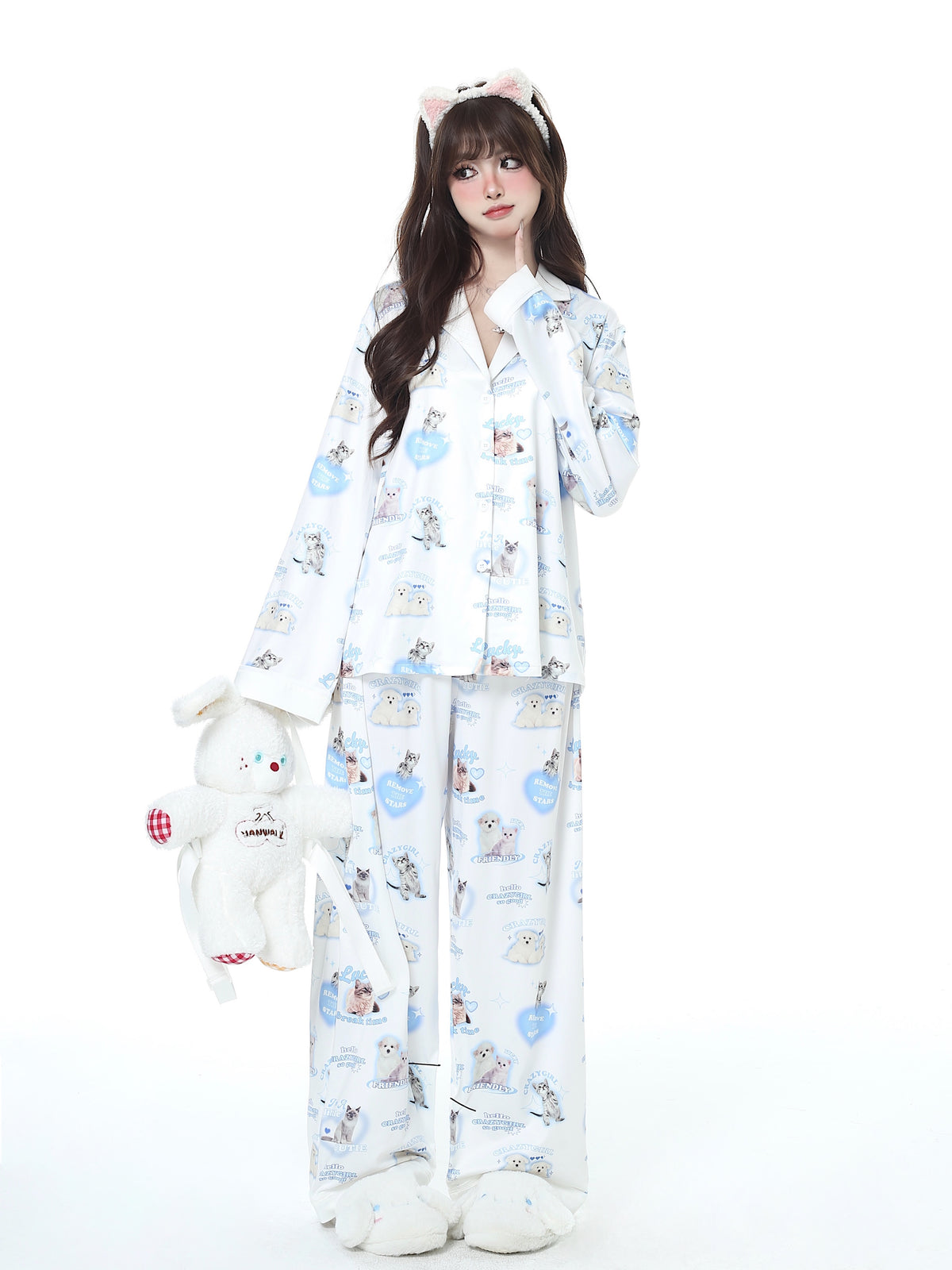 Crazy_Girl_Goodnight_Cat_Print_V-neck_Drop_Shoulder_Women&