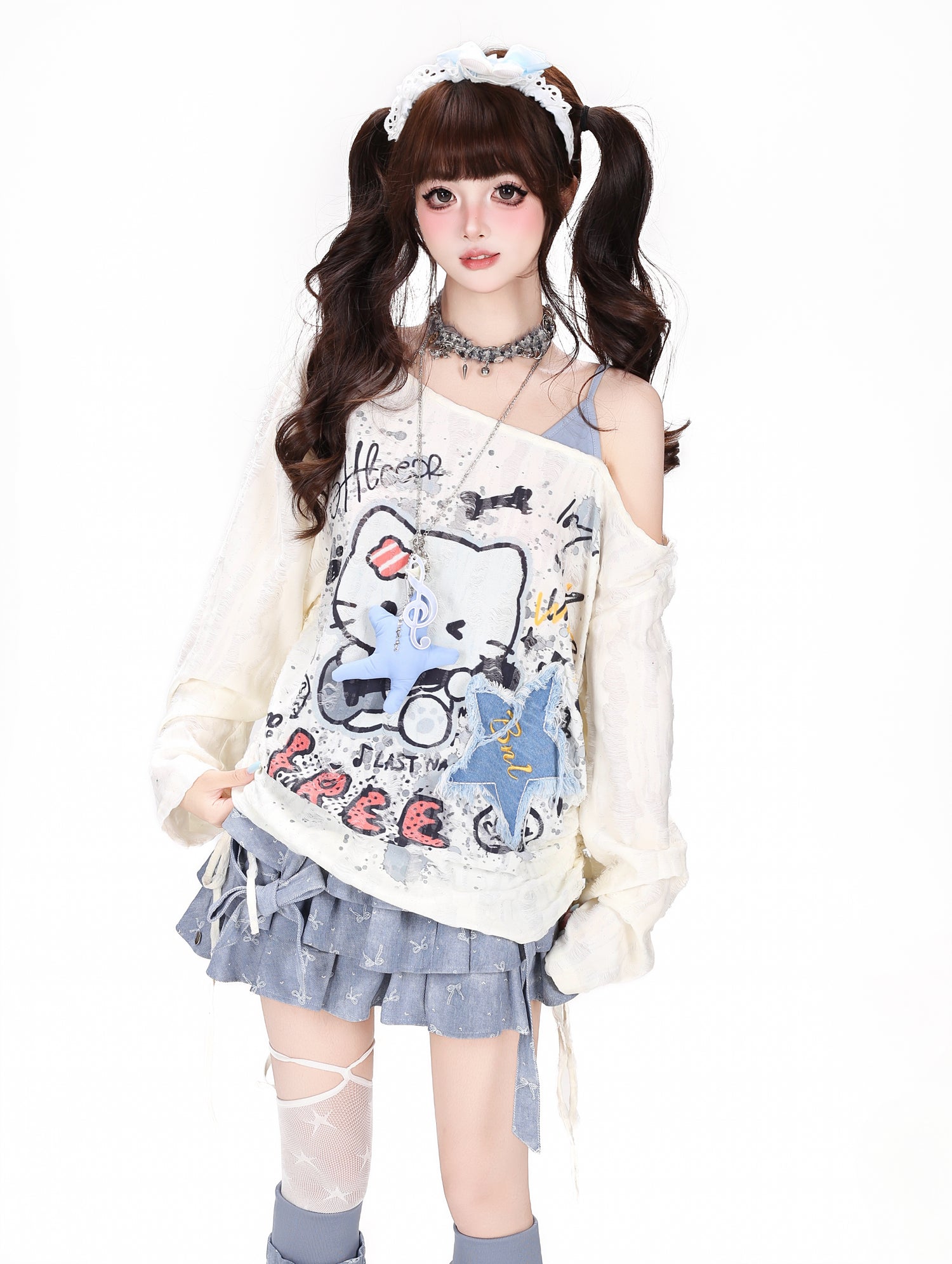 Crazy_Girl_Graffiti_Distressed_Drawstring_Waist_Off_Shoulder_Women&