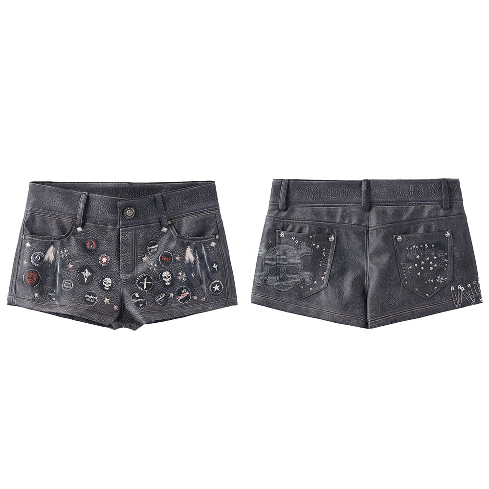 Vintage Illusion Print Punk Leather Shorts