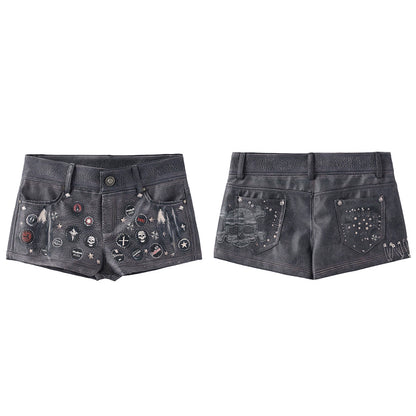 Vintage Illusion Print Punk Leather Shorts