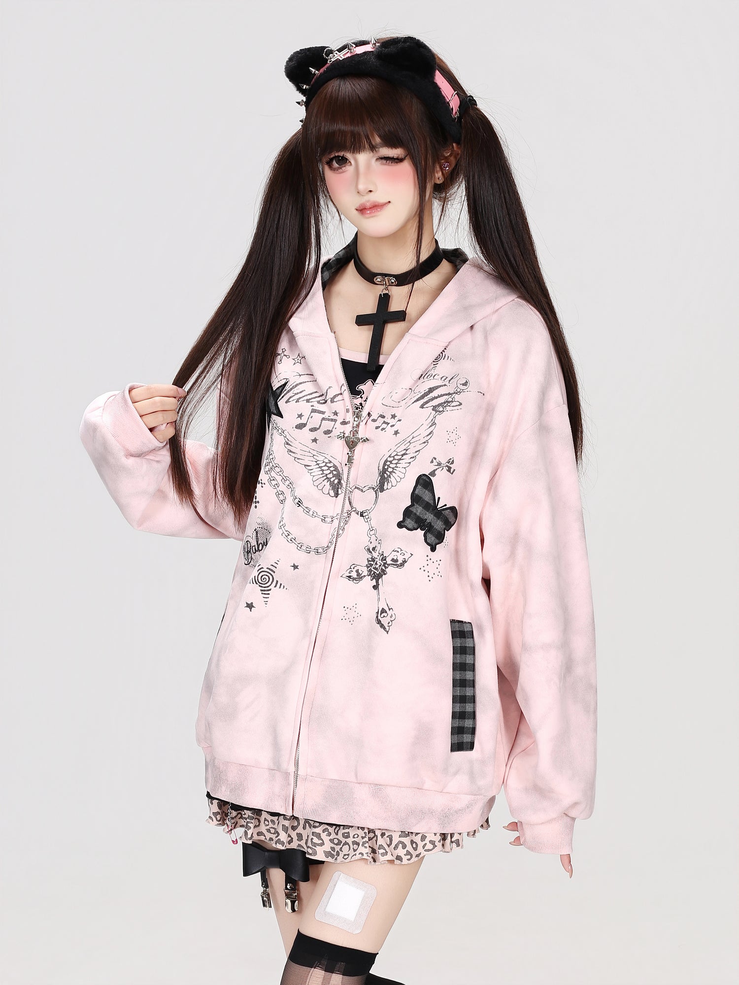 Crazy_Girl_Gray_Pink_Tie_Dye_Plaid_Patchwork_Cat_Ear_Women&