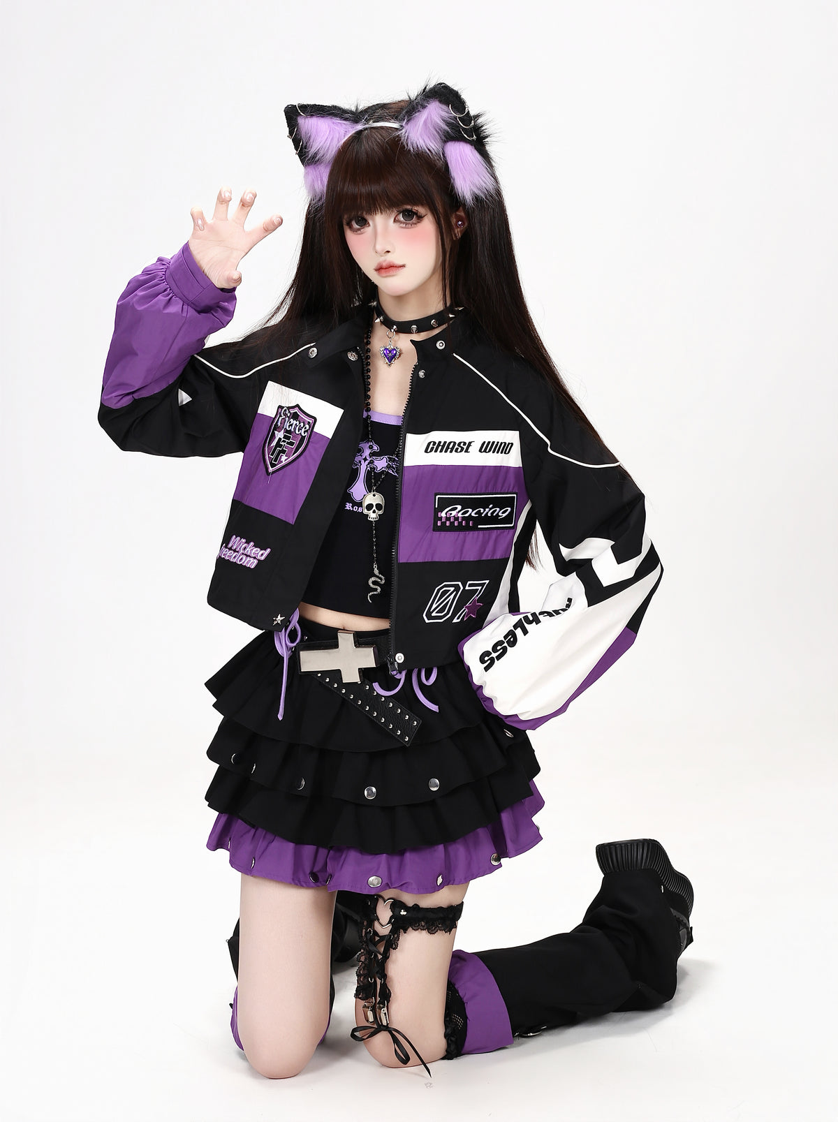 CRAZYGIRL_Embroidered_Striped_Color_Block_Stand_Collar_Women&