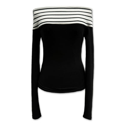 Two Tone Off Shoulder Slim Fit Long Sleeve Top