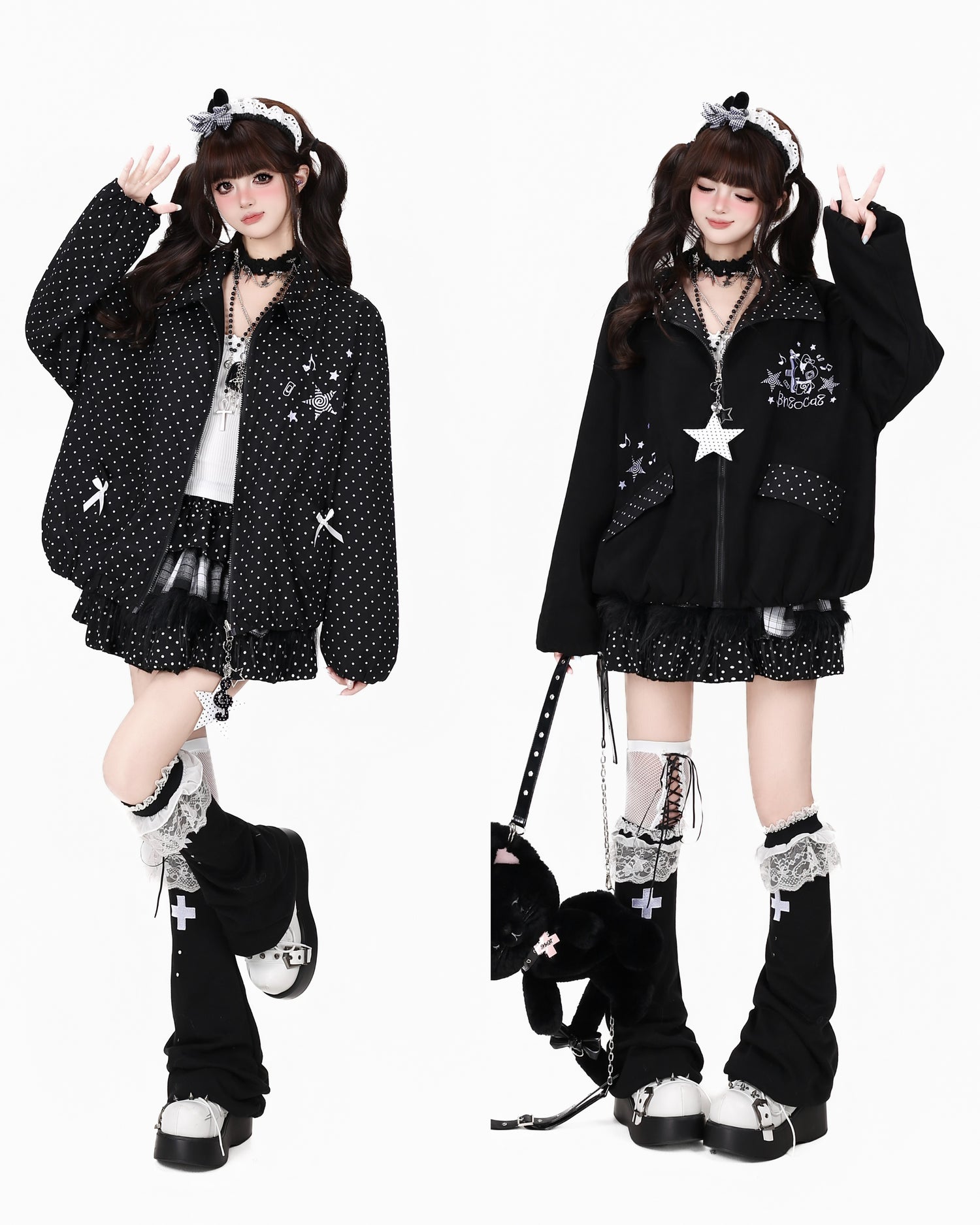 Crazy_Girl_Black_White_Polka_Dot_Reversible_Lapel_Zipper_Loose_Fit_Women&