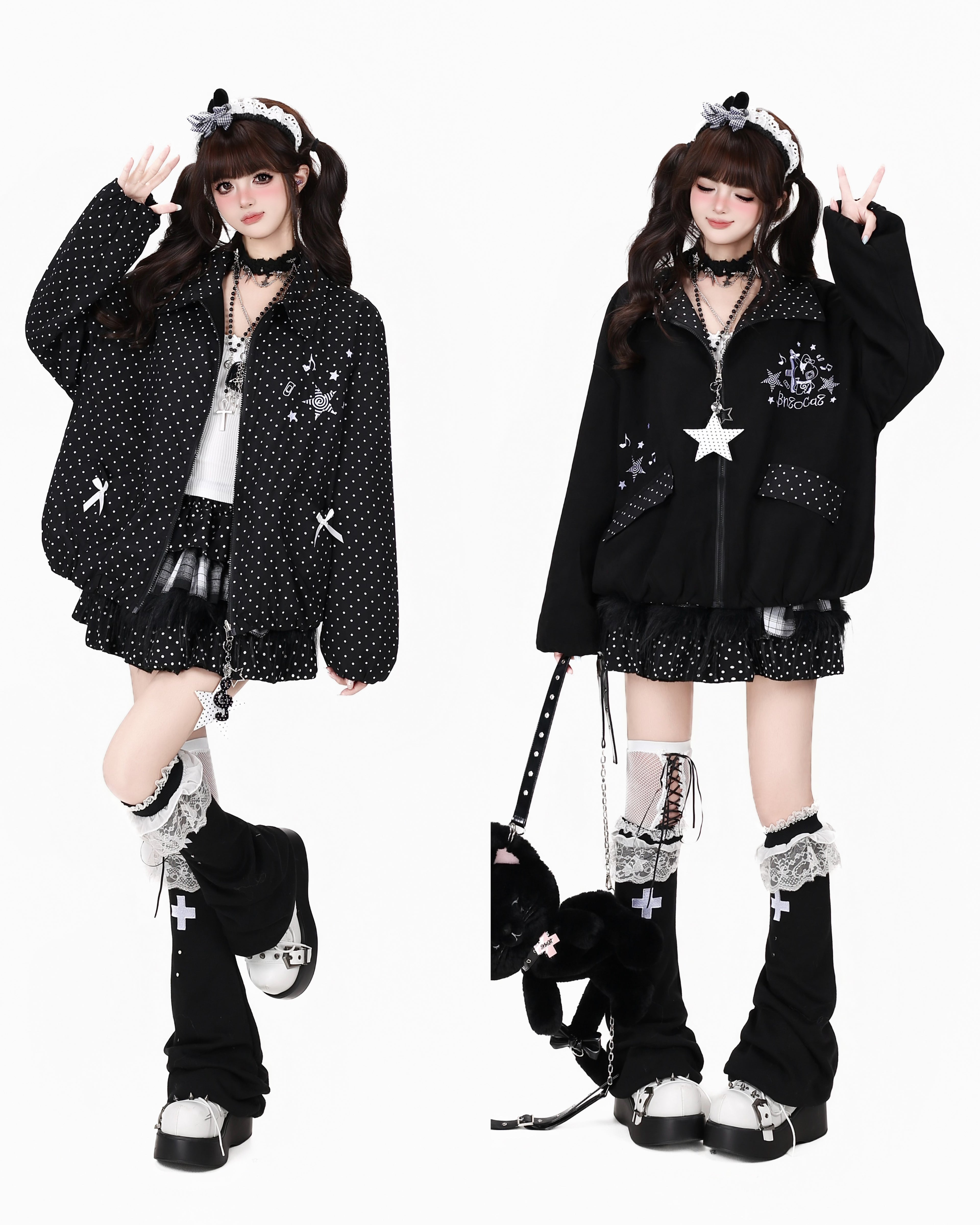 Crazy_Girl_Black_White_Polka_Dot_Reversible_Lapel_Zipper_Loose_Fit_Women&