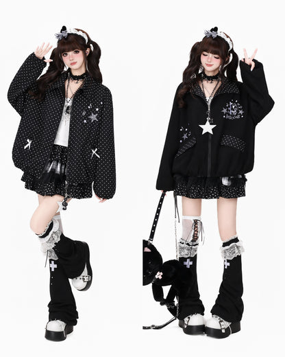 Crazy_Girl_Black_White_Polka_Dot_Reversible_Lapel_Zipper_Loose_Fit_Women&